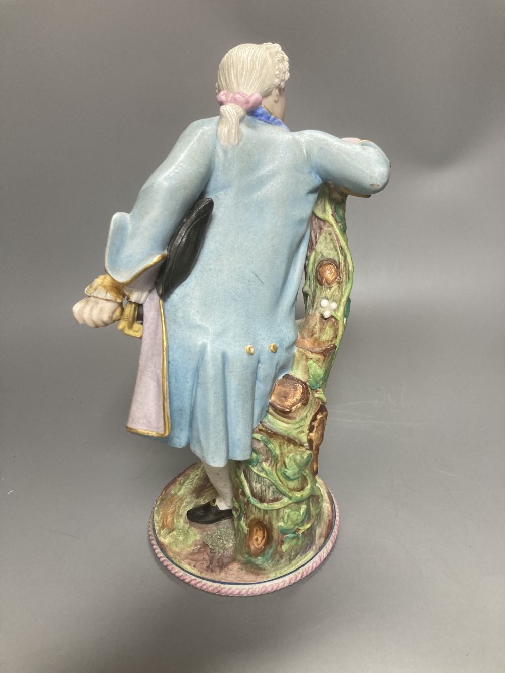 A pair of Wessel Frankenthal figures, 26cm, and a French bisque gallant, 29cm